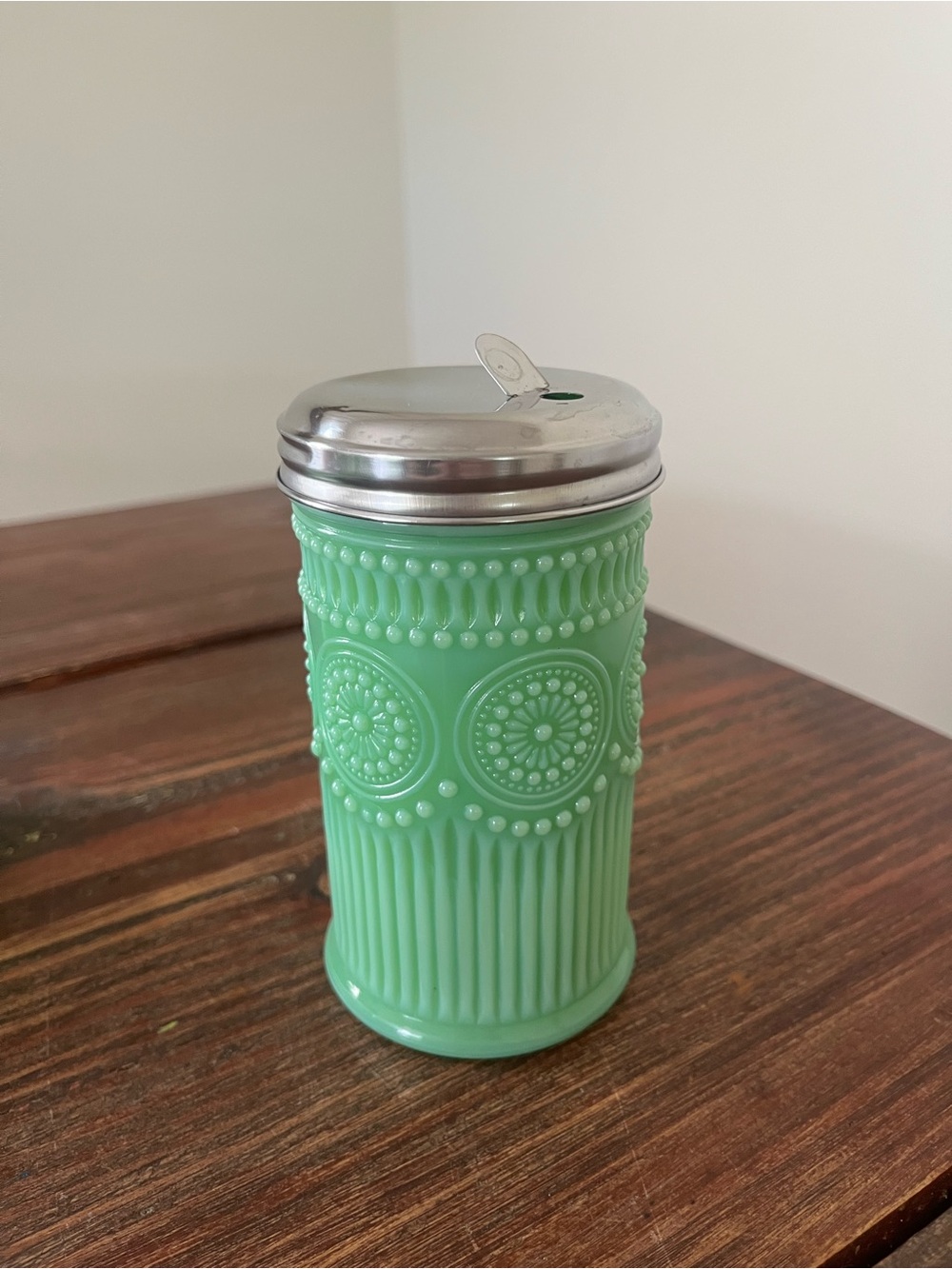 Green Jadeite Decorative Glass Sugar Shaker with Stainless Lid